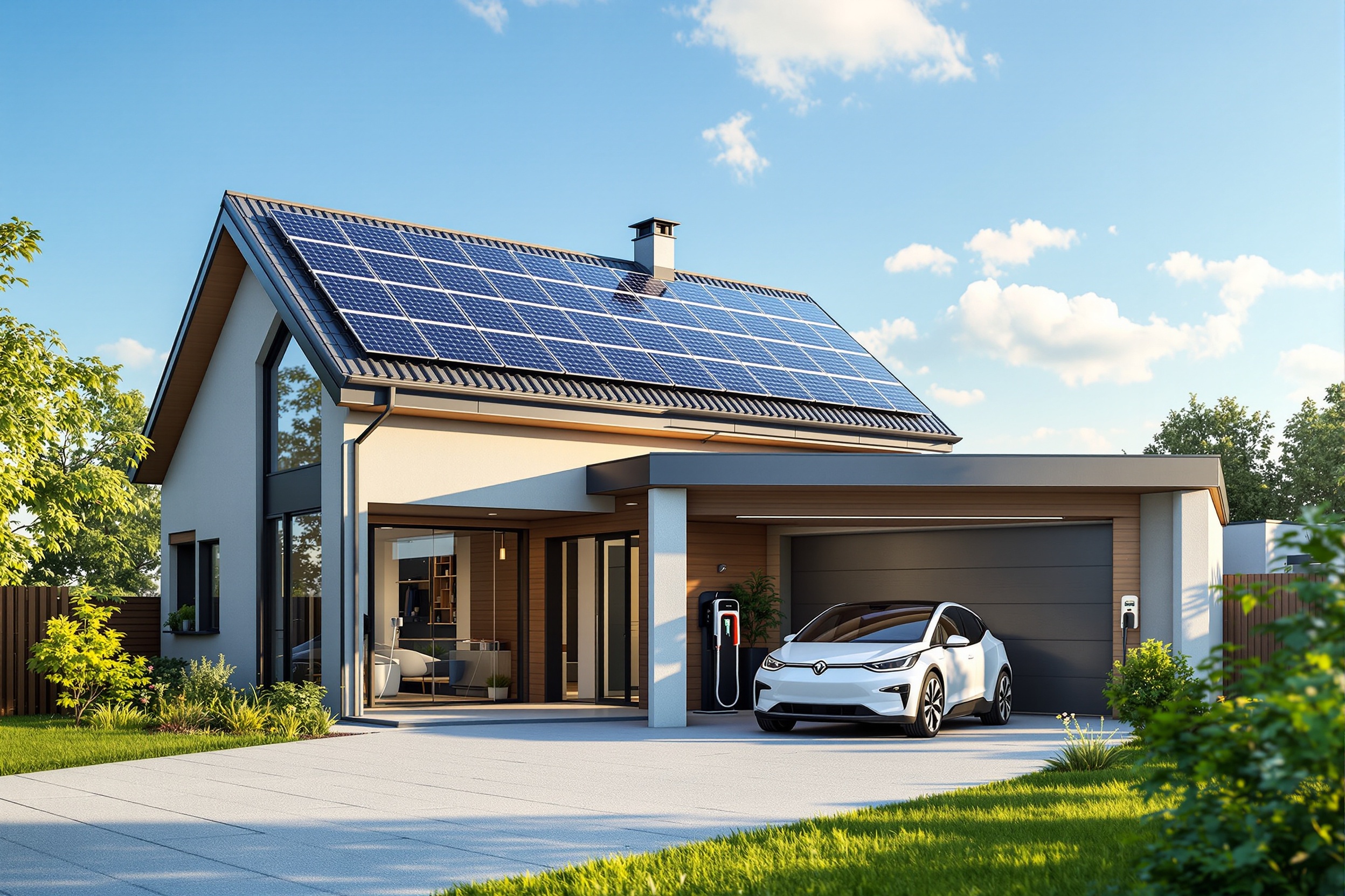 Casa con paneles solares y coche eléctrico cargando