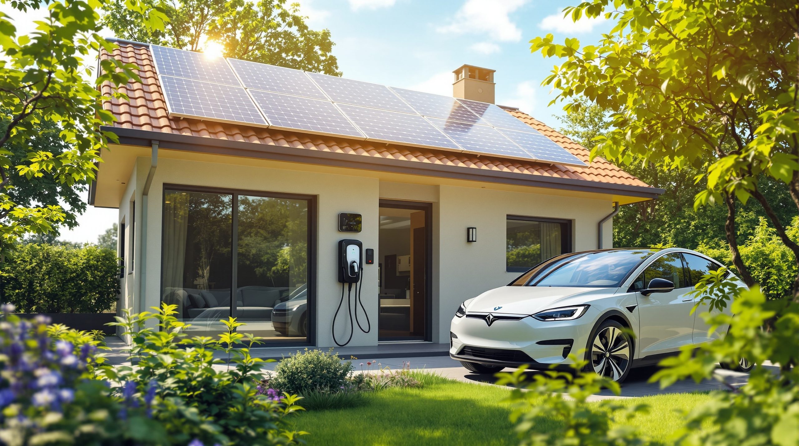 Casa con paneles solares y coche eléctrico cargando