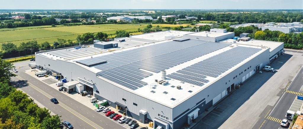 Edificio comercial con paneles solares en cubierta