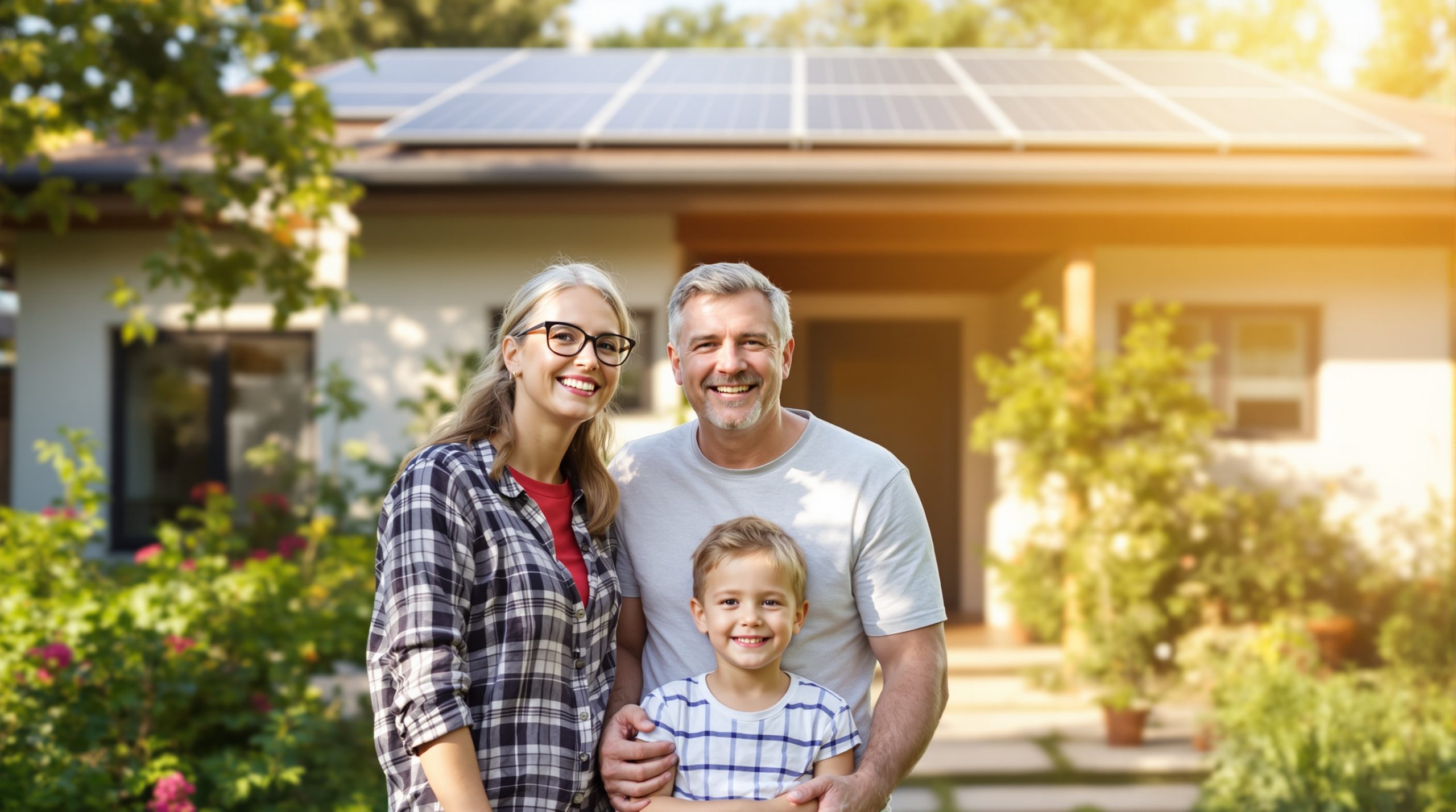 Familia feliz frente a su vivienda con paneles solares