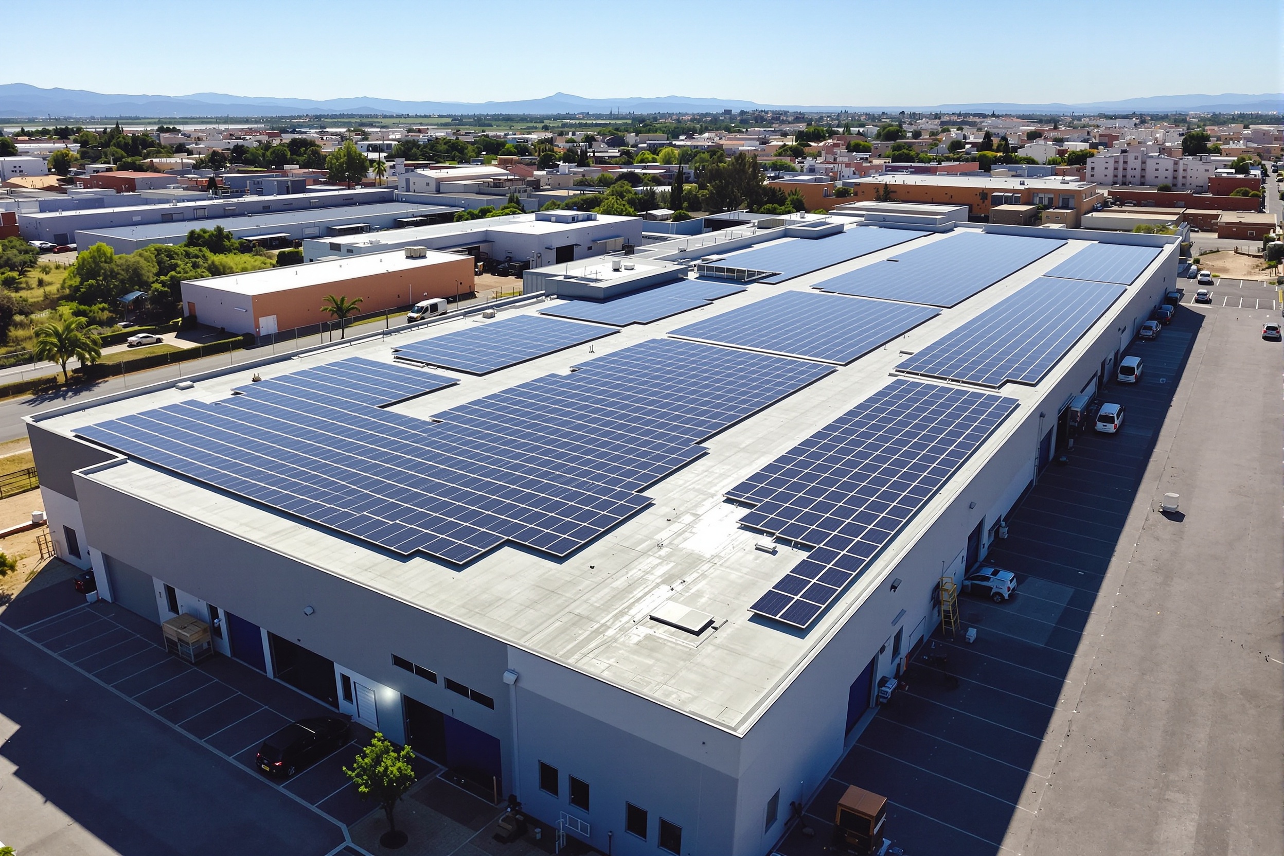 Edificio industrial con paneles solares en cubierta