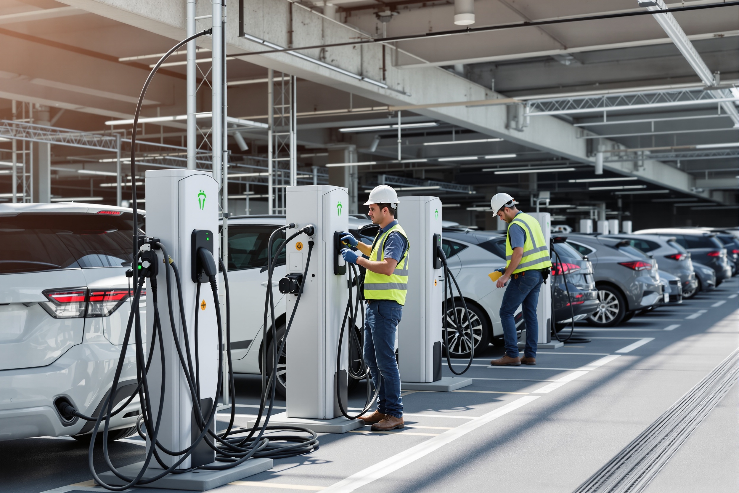 Ingenieros trabajando en puntos de recarga eléctrica